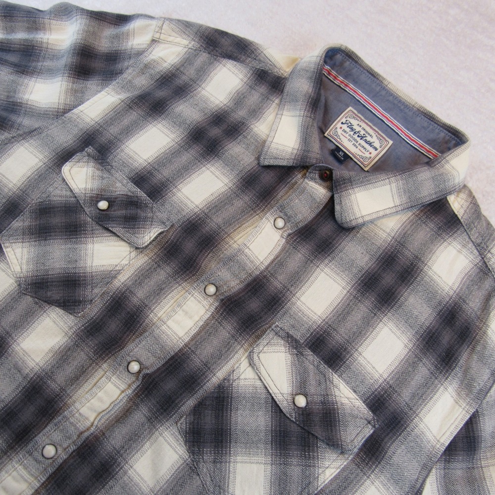 Flag & Anthem Western Shirt Mens XL Grey Plaid Pearl Snap Cotton FA21WS046CB